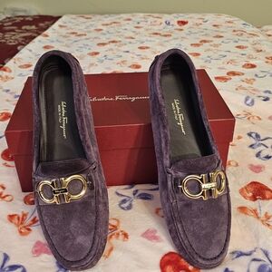 Salvatore Ferragamo Purple Suede Gancini Slip-On Loafers